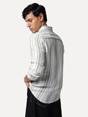 Image of Urbano Fashion Men's Cotton Full Sleeve Relaxed Fit Linen Striped Shirt with Spread Collar