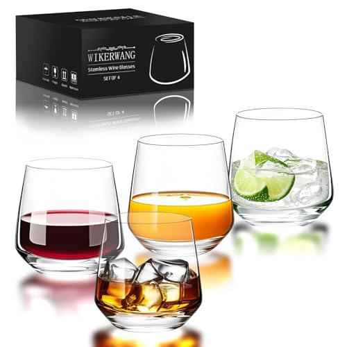 WIKERWANG Stemless Wine Glasses Set of 4, 13.5oz, Crystal Clear Red White Wine Glasses for Daily...
