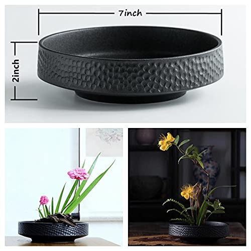 Japanese Ikebana Vase Kit, Flower Shallow Container Ceramics Ikebana Vase With 1.57Inch Flower Frog And Floristry Floral Frog Kenzan Needle Straightening Tool (Hammer Pattern Bowl) #TOP1