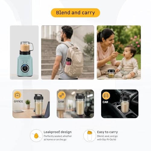 Image of Atomberg Zenova Flex Blender Mixer Grinder For Kitchen | Smart BLDC Motor | Grinds Like 1000 Watt | Coarse Mode for Silbatta Texture | 5 Jars With Chopper, Blend & Carry Jars | Hands-Free (Misty Teal)