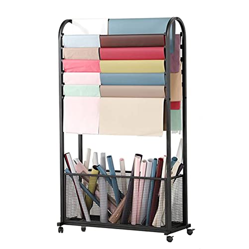 UWYTGF Floor Scarf Display Rack with Grid Basket,Rolling Wrapping Paper Organizer,Metal Storage Holder for Ribbon/Cloth/Satin/Vinyl Reel,OneColor,70X30X140Cm