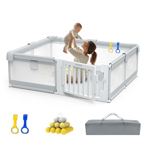 Image of Funyoo 71" ×59" Large Baby Playpen with Gate, Easy Access Play Pen for Infants and Toddlers, Play Yard for 0-3 Years Old, Baby Fence Playard for Living Room, Anti-Fall, Breathable Mesh