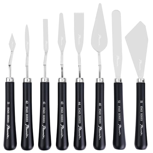 PHOENIX High Flexible Palette Knife Set, 8 Pieces Stainless Steel Painting Knives (31,41,42,43,44,46,51,52) Art Knife with Wood Handle, Paint Spatula for Oil Acrylic Paint
