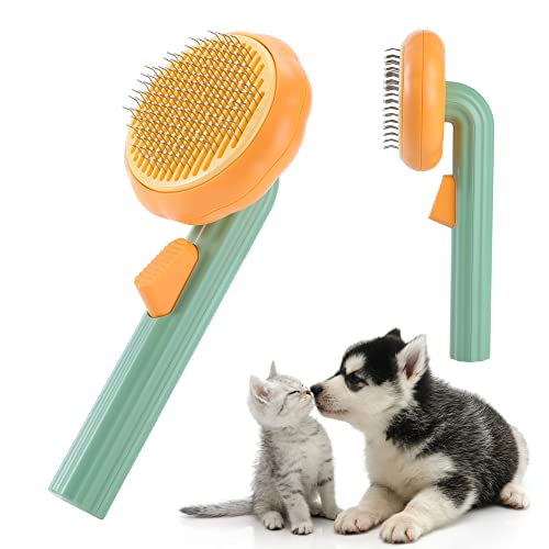 Cat Hair Brush Self Cleaning Pet Slicker Brush with Release Button Cat Hair Cleaner Brush for Shedding Grooming Brush for Long or Short Haired Cats Dogs pumpkin Yellow  Cucciolini Doodles Cat hair brush self cleaning pet slicker brush with release button cat hair cleaner brush for shedding grooming brush for long or short haired cats dogs pumpkin yellow   cucciolini doodles
