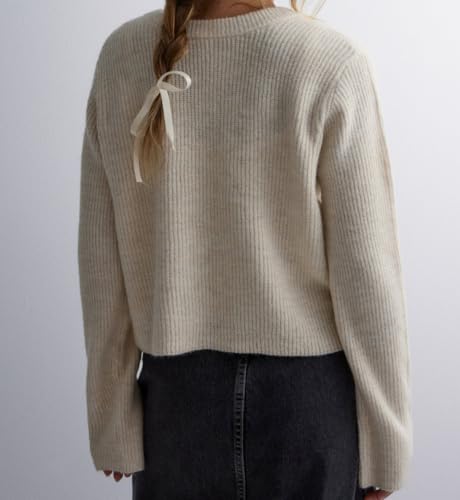 Image of Women Casual Open Front Bow Tie Up Cardigan Sweater Jacket Round Neck Long Sleeve Crop Rib Knit Tops Fall Clothes Apricot