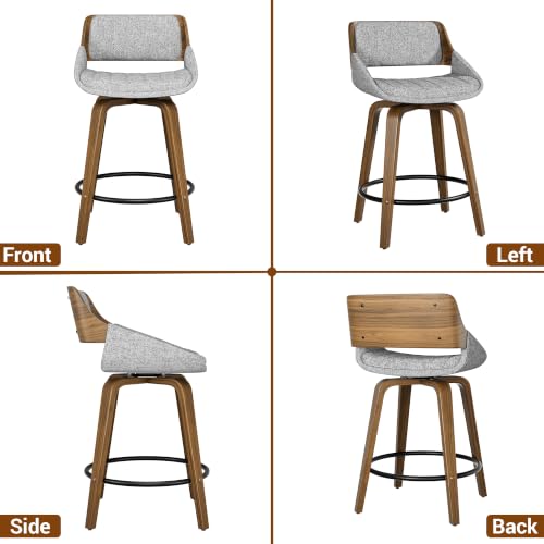 Image of YaFiti Bar Stools Set of 6, 26 inch Swivel Counter Height Barstools with Bentwood Back and Legs, Mid Century Modern Upholstered Fabric Counter Stools for Kitchen Island, Dining Room, Gray