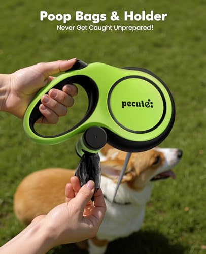 pecute Hundeleine 8m| Roll-Leine Reflektierende für Hund mit Kotbeutel-Set & Kotbeutelhalter, für Mittel & große Hunde (15-50kg)| 360°Anti-Verwicklung, Arbeitssparender Griff, Kotbeutel & Halter, Grün