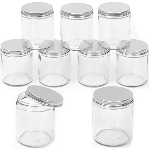 Swpeet Paquete de 8 tarros de vidrio transparente de 240 ml con tapa plateada, recipientes redondos de vidrio cosmético con tapas, tarros de viaje para crema, loción