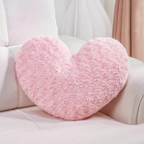 Ailive 16In Pink Heart Pillow Decorative for Bed Couch Chair and Living Room; Fabric with Delicate Rose Pattern, Available in 6 Colors, Perfect for Home Decor & Gift