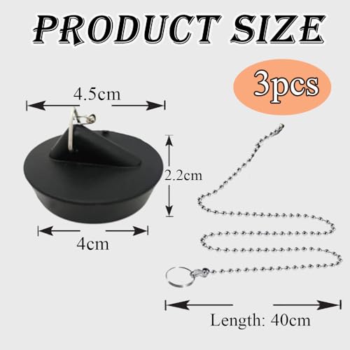 Lxtness 3 Pack Abflussstopfen, Waschbeckenstöpsel Gummi mit 40cm Kette, Spüle Abfluss Stöpsel, Gummi Stöpsel für Spülbecken mit Haken, Spültisch Stopfen für Badewanne, Küche, Bad