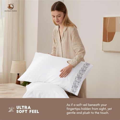 Image of Pure Cotton 500 TC Bag Type Pillow Cover Set | Greek Embroidered Pillow Cover Set | Percale Weave | 18 X 27 Inches (2, Silver Blossom)