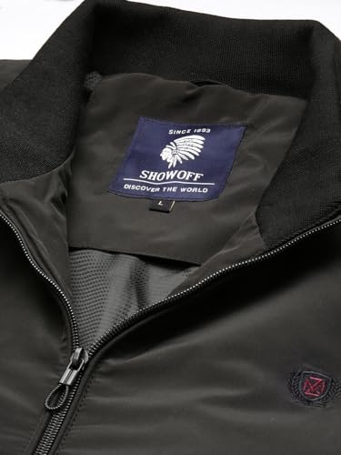 Image of SHOWOFFFF Men Solid Bomber Jacket | Mock Collar Full Sleeves Nylon Jacket for Mens | Slim Fit Regular Length Jacket for Men's