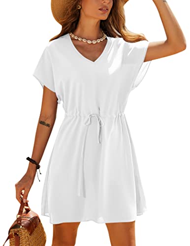 Cache-maillot femme blanc XL robe de plage fluide légère à nouer