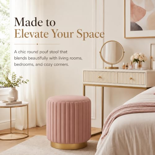 Image of Designer Velvet Round Footstool Ottoman with Sturdy Gold Metal Band Base for Home Decor & Extra Seating, Lightweight Pouf Stool for Sofa Side & Bedroom, 16x16x17 Inch (Gajri)