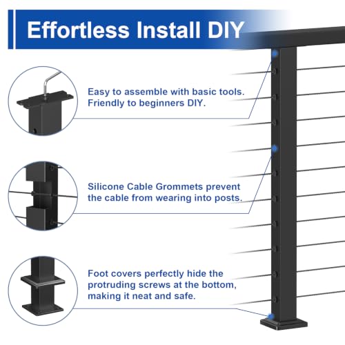 Image of BLIKA 8FT-17FT Complete Set 36 inch Cable Railing Post Kit | Black Level Drilled Deck Railing Posts, Swageless Cable Railing System Include 3Pack Level Posts,1 /8 inch 200FT Stainless Cable