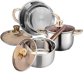 Cookware Sets, 6 Pieces Stainless Steel Induction Hob Pots and Pans Set,Kitchen Cooking Pots with 20 cm/24cm Stock Pots,16 cm Saucepan,Toughened Glass Lids and Soft Grip Handles