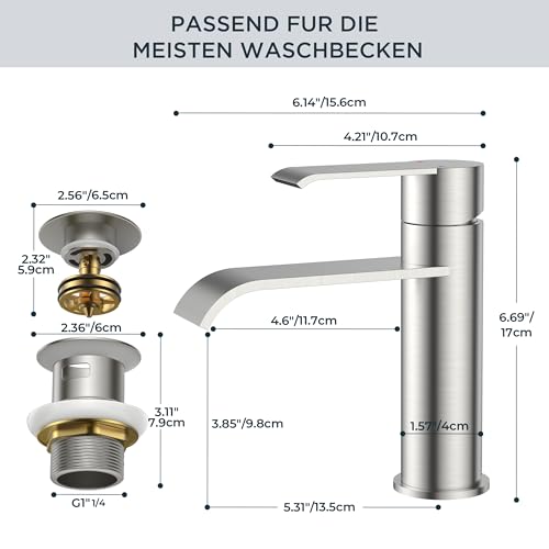 FORIOUS Wasserhahn Bad mit Ablaufgarnitur, Waschtischarmatur Einhandmischer – Hochwertige Waschbecken Armaturen für Badezimmer, Moderne Armatur Badezimmer, Energiesparend & Wassersparend
