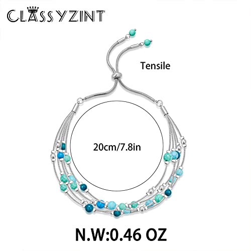 Classyzint 5 Row Beads Strand Bracelet For Women Silver Plated Layered Snake Chains With Turq Blue Beads Boho Beach Bracelet Adjustable Bracelet #TOP4