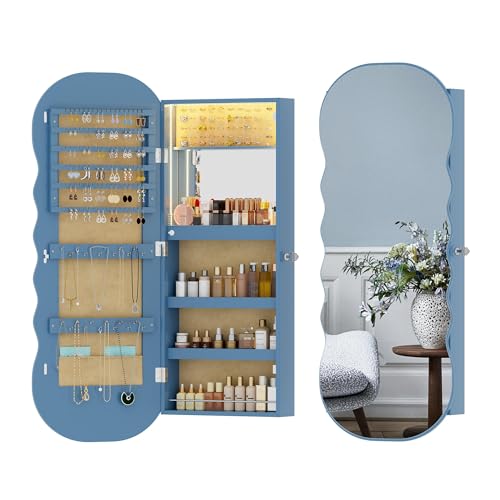 HNEBC LED Mirror Jewelry Cabinet,Wall or Door Mounted Jewelry Armoire Organizer with Lights,Lockable Wide Wavy Mirror with Storage,42.5