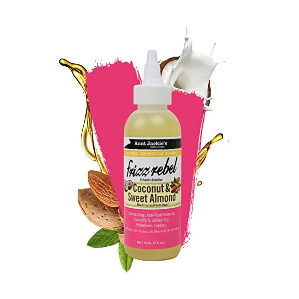 Aunt Jackie's Natural Growth Oil Blends Frizz Rebel - Coconut and Sweet Almond, Smooths and Shines Dry, Rebellious Tresses, Anti-Poof Formula, 4 oz