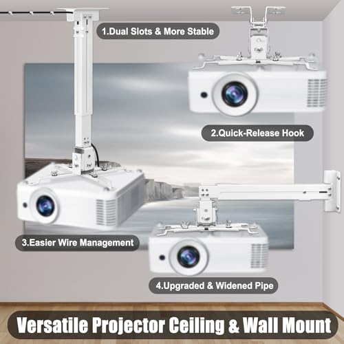 2-Be-Best Projector Ceiling Mount Wide Pipe Universal 3-in-1 Projector Wall Mount Bracket with Adjustable Arm, Flush Mount Option, Built-in Cable Management for Office Home White - Image 4