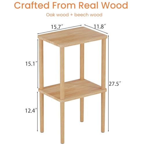exilot Solid Wood Side Table, 2-Tier Small End Table with Storage Shelf, Tall Nightstand Bedside Table for Bedroom, Living Room, Kids Room & Small Spaces. No-Tool Assembly.