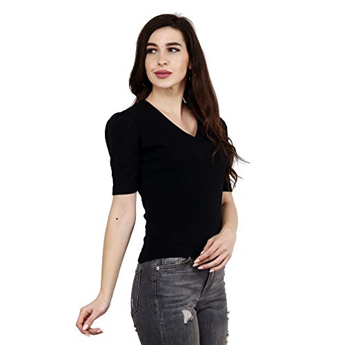 Image of POPWINGS Casual Solid Puff-Sleeves Crop Top for Women || V-Neck Crop Top for Women || Half-Sleeves Summer Crop Top for Women || Crop Tops for Women Fancy Crop Top for Women