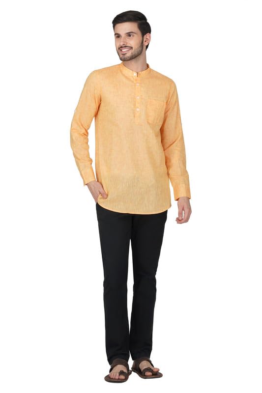 Image of Vastraa Fusion Men's Handloom Weaving Pure Cotton Short Kurta, Round Collar, Full Sleeves,Button Kurta, Ethnic Wear