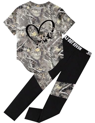 Image of Girls 2 Piece Outfits Kids Clothes Pants Sets Print Short Sleeve Top Leggings Spring Summer Tracksuit 4-13Y