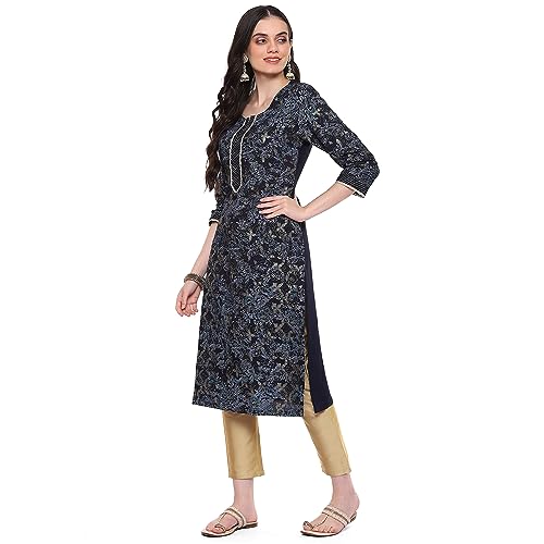 Image of Rangriti Blue Liva Straight Printed Kurta for Women