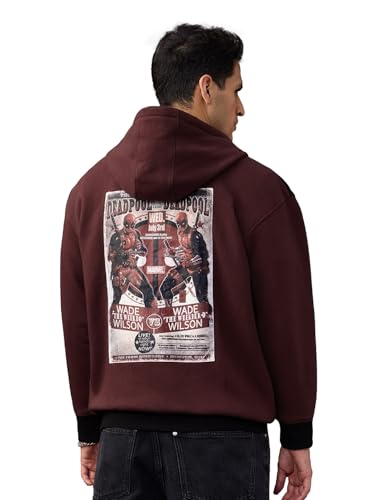 Image of The Souled Store Deadpool: Double Trouble Men and Boys Full Sleeves Hooded Neck Burgundy Graphic Applique Cotton Blend Heavy Fleece Winter Wear Zipper Oversized Hoodie