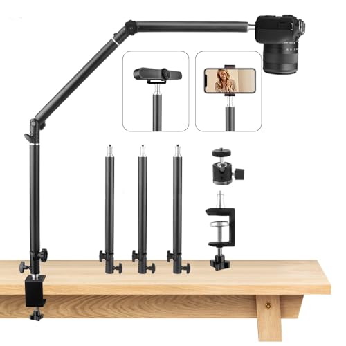 Heavy Duty Overhead Camera Desk Mount Stand 14.5'-41' with 1/4' Screw, 3-Section 360°Rotatable Detachable Articulating Boom Arm with Enlarged Handle C Clamp, Tabletop Light Stand for Streaming Vlog