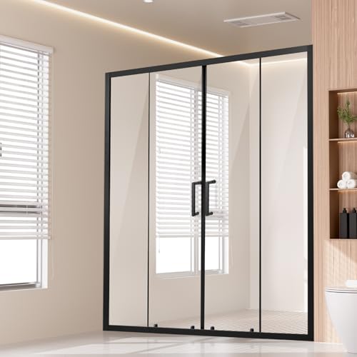 VEVOR Puerta de Ducha Semi-sin Marco de 1469-1499 x 1778mm, Puerta de Vidrio Corrediza Doble con Vidrio Templado Transparente de 6 mm y Herrajes de Acero Inoxidable Resistente al Agua y Manchas, Negro