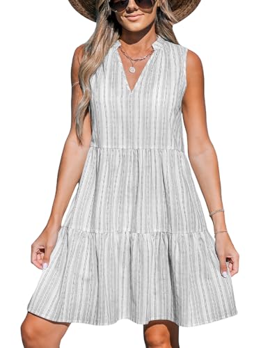 Image of CUPSHE Women's Ruffle Beach Mini Dress Split V Neck A Line Sleeveless Geometric Stripe Tropical Leaf Pattern Summer Dresses