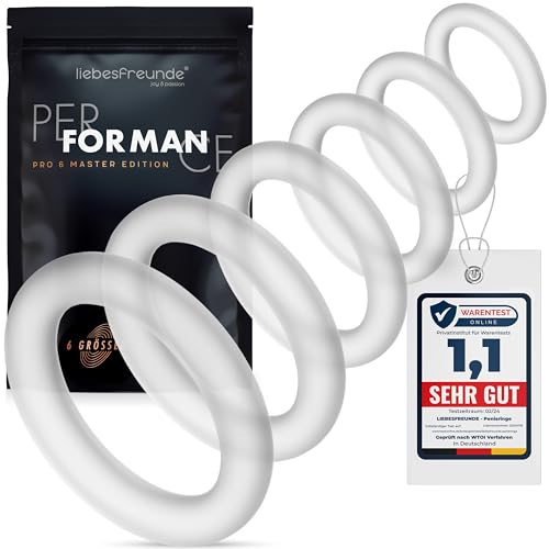 Liebesfreunde® Deluxe Penisring Set - 6 dehnbare Cockringe für härtere Erektionen, Penis- und Hodenringe für Männer - Perfekte Passform, Sex Spielzeug für Paare, transparent