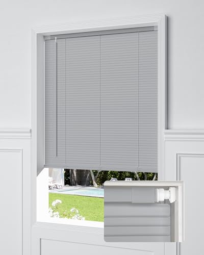 No Drill Blinds for Windows 1" Vinyl L-Shaped Slats Cordless Mini Blinds for Home, for Window Size 46" W  64" H Grey