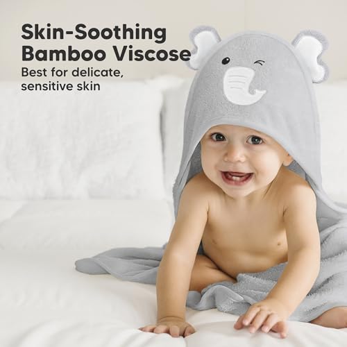 Image of KeaBabies Hooded Baby Towel for Newborn, Baby Bath Towels (Elephant, 30x30) | Viscose Derived from Bamboo, Large Baby Towels with Hood, Boys, Girls, Toddler, Soft Absorbent Baby Bath Essentials