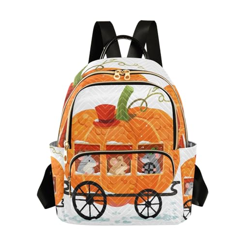 Nexawaveo Mochila acolchada para mujer, bolsa de mano para laptop de 14 pulgadas, ligera, mochila de trabajo, frutas de dibujos animados en negro, Ratones de dibujos animados en carruaje de calabaza
