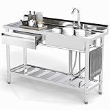 Toemics Stainless Steel Utility Sink, 47.2'' Free Standing Single Bowl Kitchen Sink with Cold and Hot Water Pipe, Left Drawer, Indoor and Outdoor for Laundry Room Farmhouse Kitchen(47.2 inch)