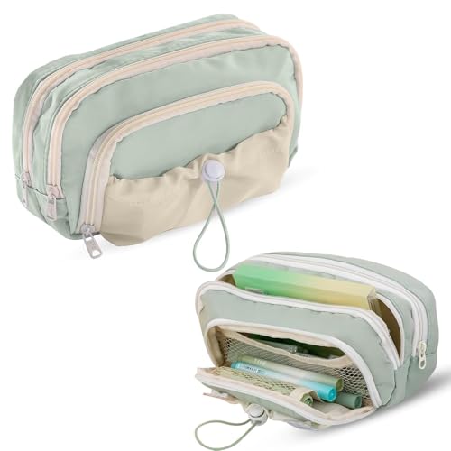 Image of Canvas School Bag Pencil Case, 3 Layer 6 Compartment Large Capacity, Aesthetic Pencil Pouch for Stationary, Cute Stationery for Kids, Pencil Case for Girls & Boys (Dori-Green)