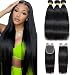 Gabrielle Straight Brazilian Hair Bundles With Closure (20 22 24+18 Inch)100% Unprocessed Brazilian Virgin Human Hair Straight 4x4 Free Part Lace Closure Hair Weave Natural Color