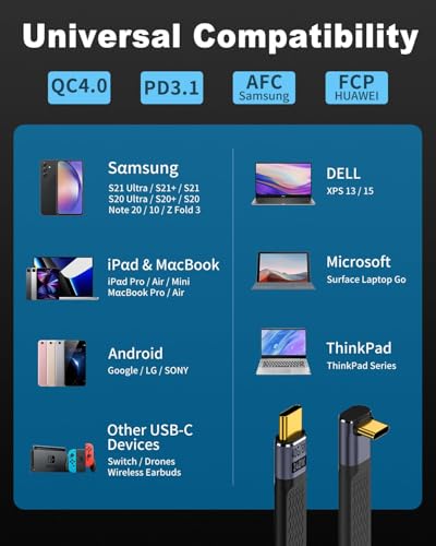 Image of MICROWARE 5inch USB C Cable, Short USBC to USBC Cable 240W, Flat FPC 90 Degree Type C Fast Charging Cord, MacBook, Galaxy S23, External SSD (Up Angle)