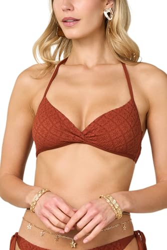Goldenpoint Mujer Traje de baño Damasco – Parte alta del bikini – Triángulo fijo con rizos y tirantes finos con acabado jacquard perforado liso, marrón, 100B