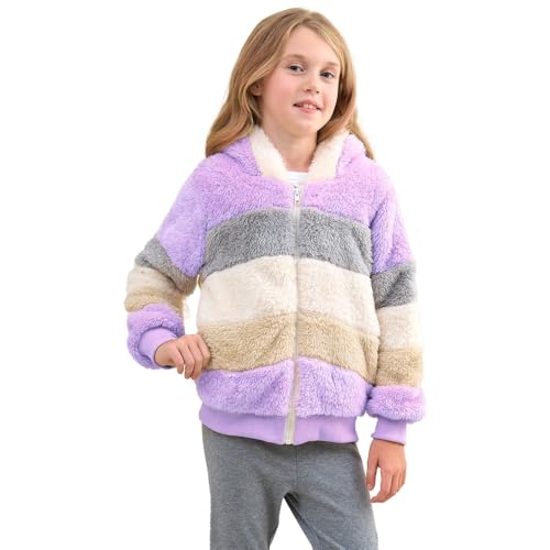Image of Girls Zip up Hoodie Kids Fuzzy Fleece Jacket with hood Fall Winter Contrast color Pullover Sweatshirt 4-14 Years