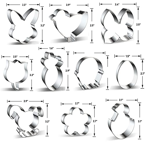Easter Cookie Cutters Bunny Rabbit Egg Carrot Flower Butterfly Chick Assortment Shapes Stainless Steel Gingerbread Molds Set For Seasonal Holiday Party Baking 10Pcs #TOP2