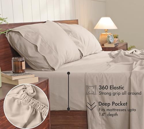Image of RUVANTI 100% Cotton Percale Sheets Full - Crisp Cooling Summer Bed Sheets for Hot Sleepers, Deep Pocket 14 inch, Soft Peach Finish, Breathable & Durable Hotel-Style 4 Piece Set, Linen
