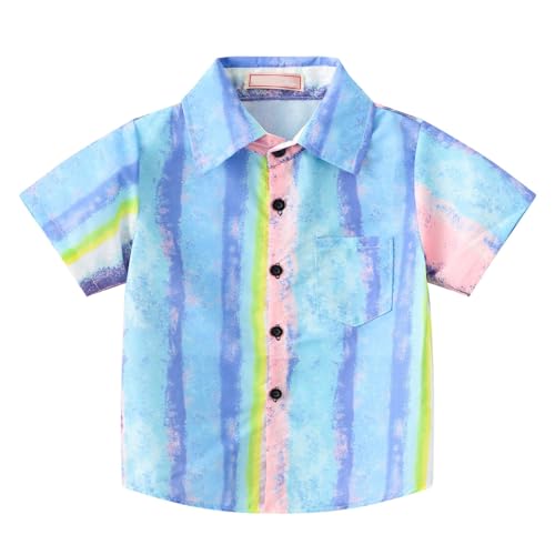 Boys Girls Hawaii Shirt Short Sleeve Button Down Shirt Dress Tops Graphic Shirts Cool Summer (Light Blue, 6-7 Years)