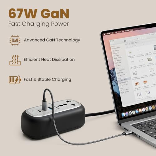 Image of LAPCARE Grip 5-in-1 Desktop Power Strip with 67W GaN Fast Charging, 2 Universal 3 Pin Socket, 2 Type-C PD Ports, 1 USB-A Port, Surge Protection, Fire-Resistant, Compact Power Hub for Home & Office