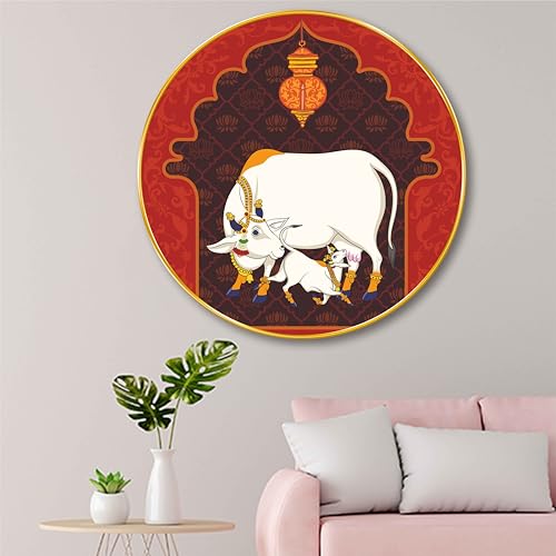 Image of SAF Round Cow and Calf Wall Painting - Golden Frame | Sacred Gau Mata Art | Traditional Hindu Religious Wall Decor for Pooja Room Temple Living Room Festival Gift