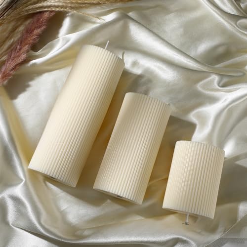 Ribbed Pillar Candles Set of 3, Width 3" High 4" 6" 8" Large Soy Wax Orchids Scented Pillar Candles Aesthetic Ribbed Modern Home Decor for Bathroom Living Room(Cream) - Image 4